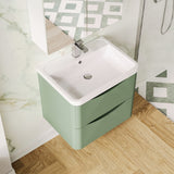 Modern Splash 600mm Satin Green 2 Drawer Wall Hung Vanity Unit With Thin Edge Basin