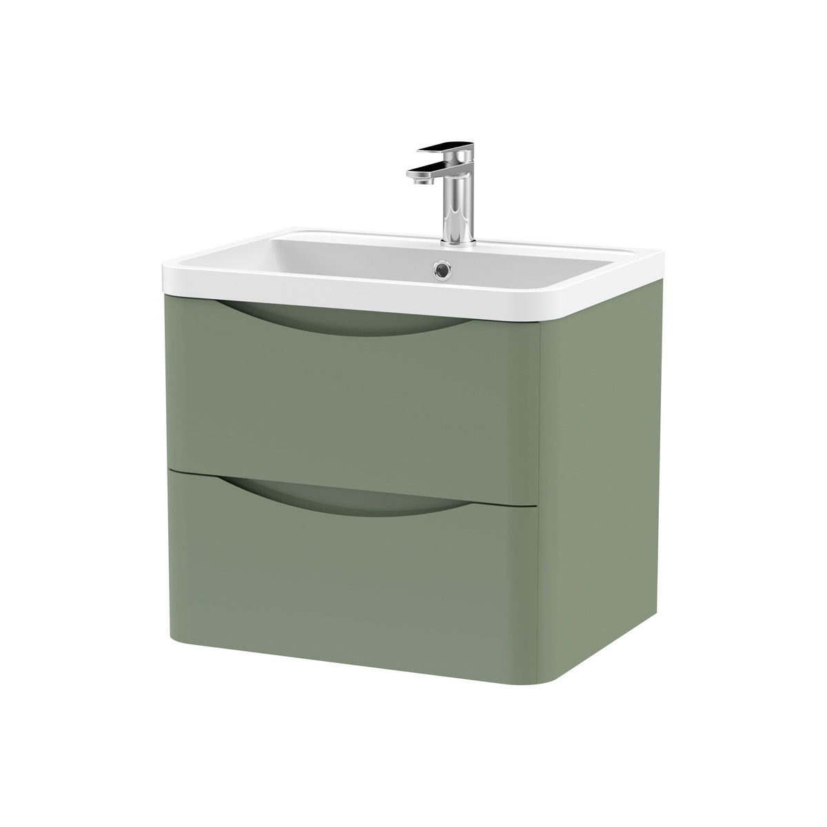 Modern Splash 600mm Satin Green 2 Drawer Wall Hung Vanity Unit With Polymarble Basin