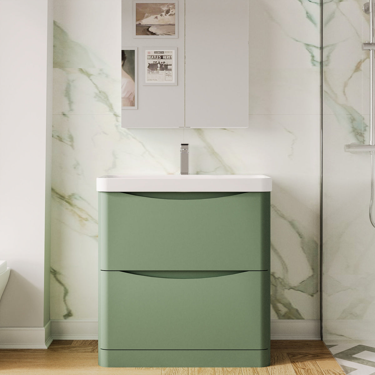 Modern Splash 800mm Satin Green 2 Drawer Floor Standing Vanity Unit With Thin Edge Basin