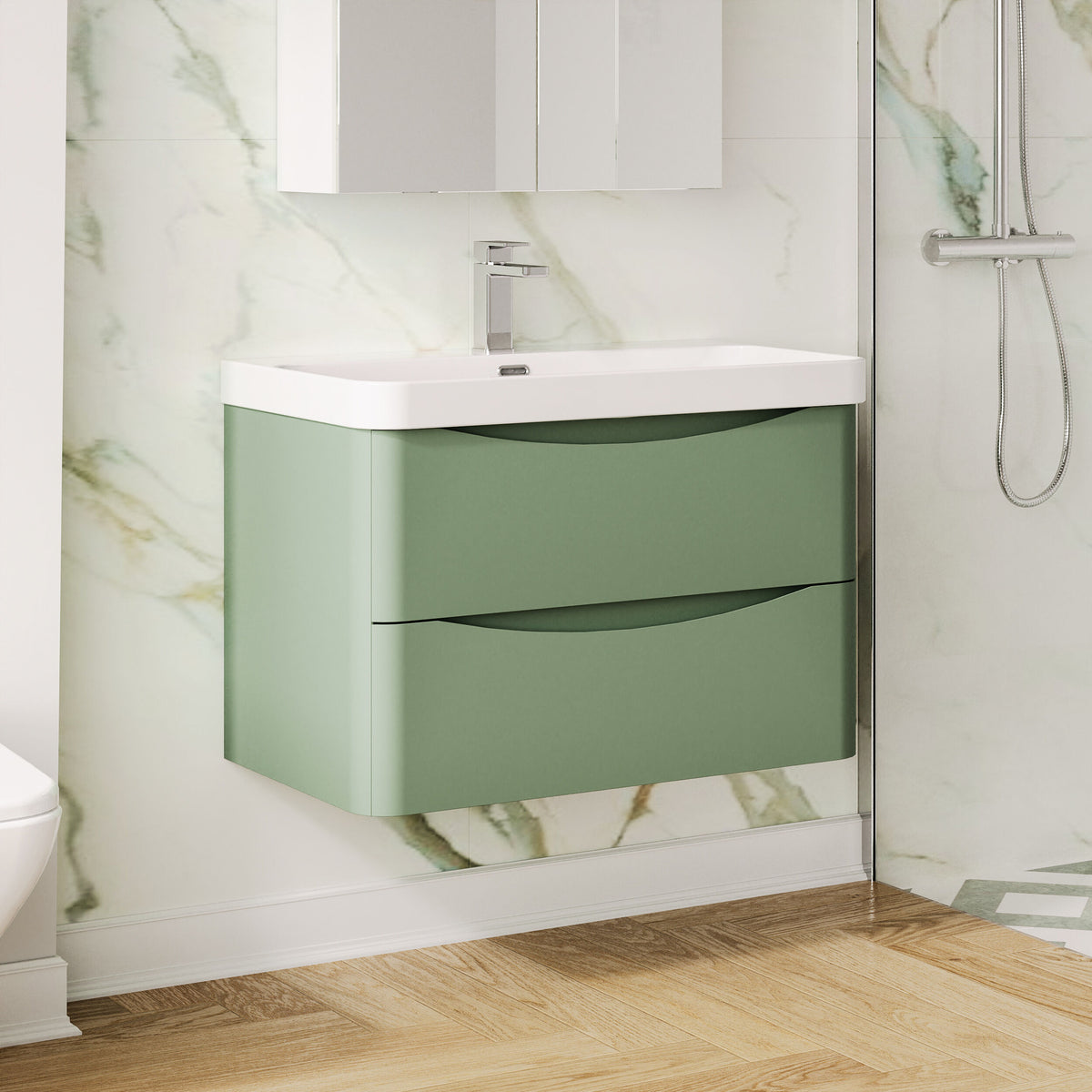 Modern Splash 800mm Satin Green 2 Drawer Wall Hung Vanity Unit With Thin Edge Basin