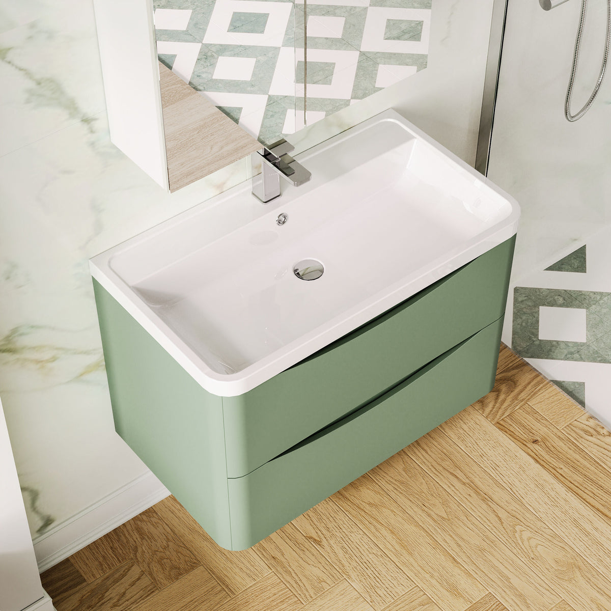 Modern Splash 800mm Satin Green 2 Drawer Wall Hung Vanity Unit With Polymarble Basin