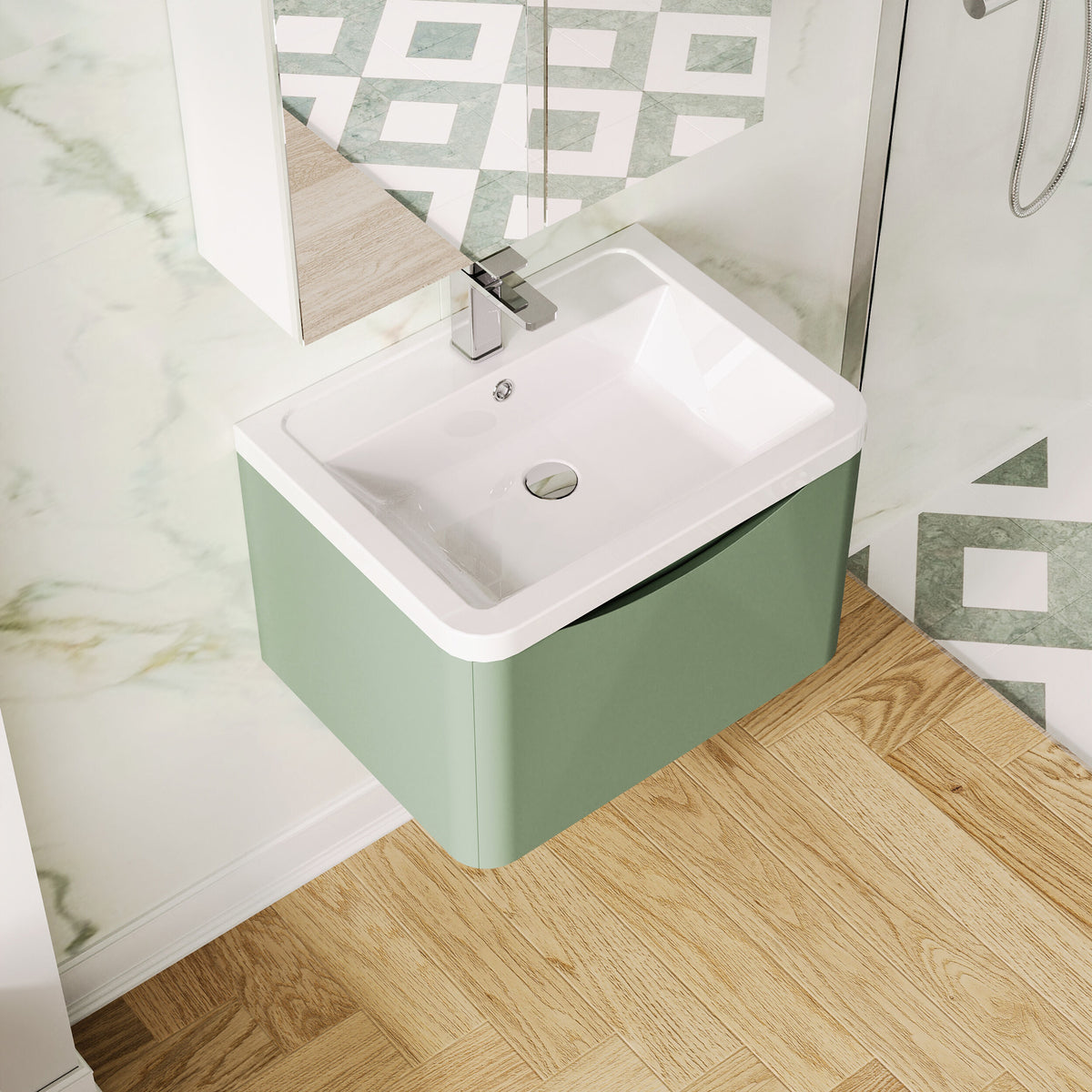 Modern Splash 600mm Satin Green 1 Drawer Wall Hung Vanity Unit With Basin