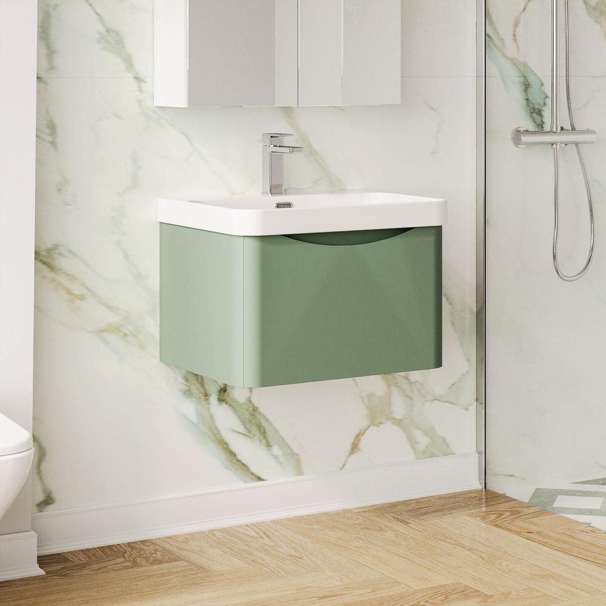 Modern Splash 600mm Satin Green 1 Drawer Wall Hung Vanity Unit With Thin Edge Basin