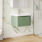 Modern Splash 600mm Satin Green 1 Drawer Wall Hung Vanity Unit With Thin Edge Basin