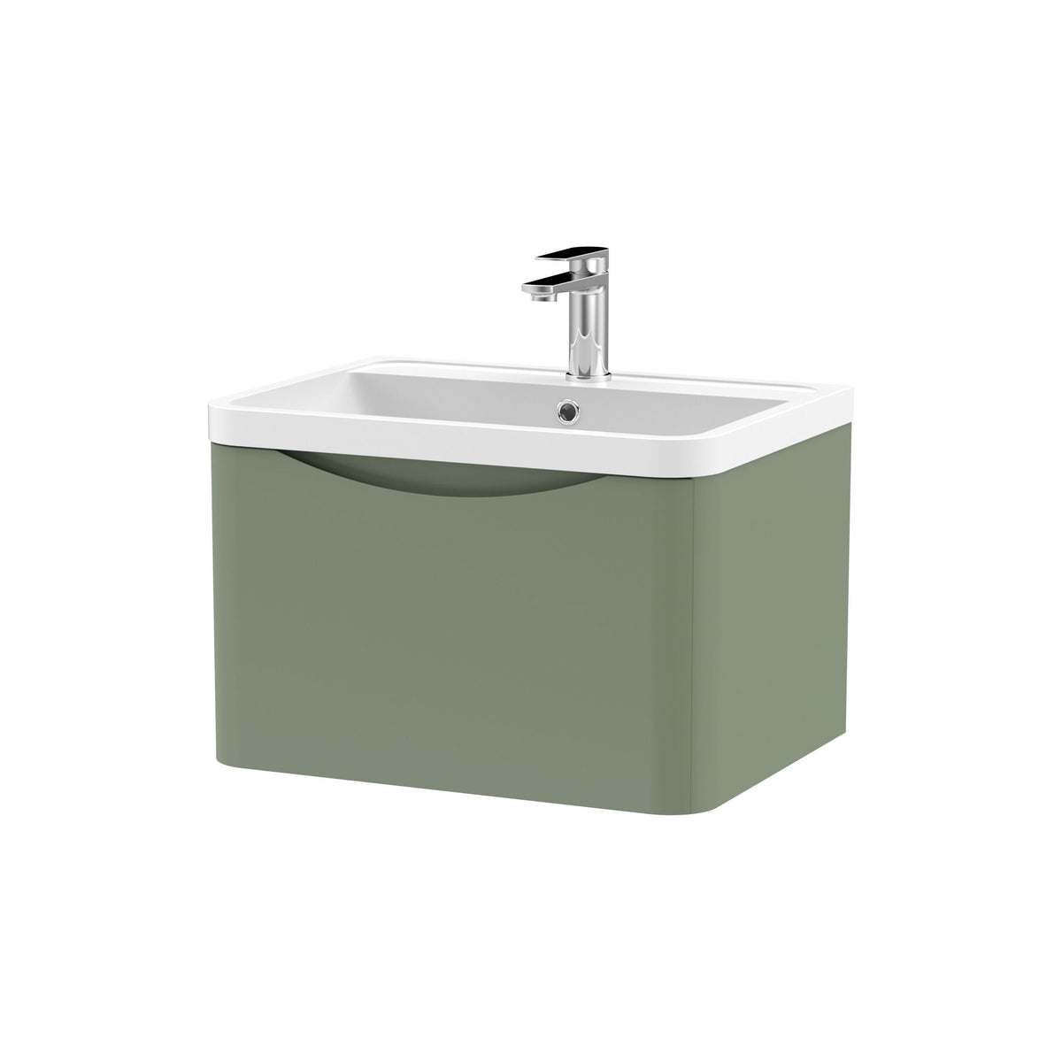 Modern Splash 600mm Satin Green 1 Drawer Wall Hung Vanity Unit With Polymarble Basin