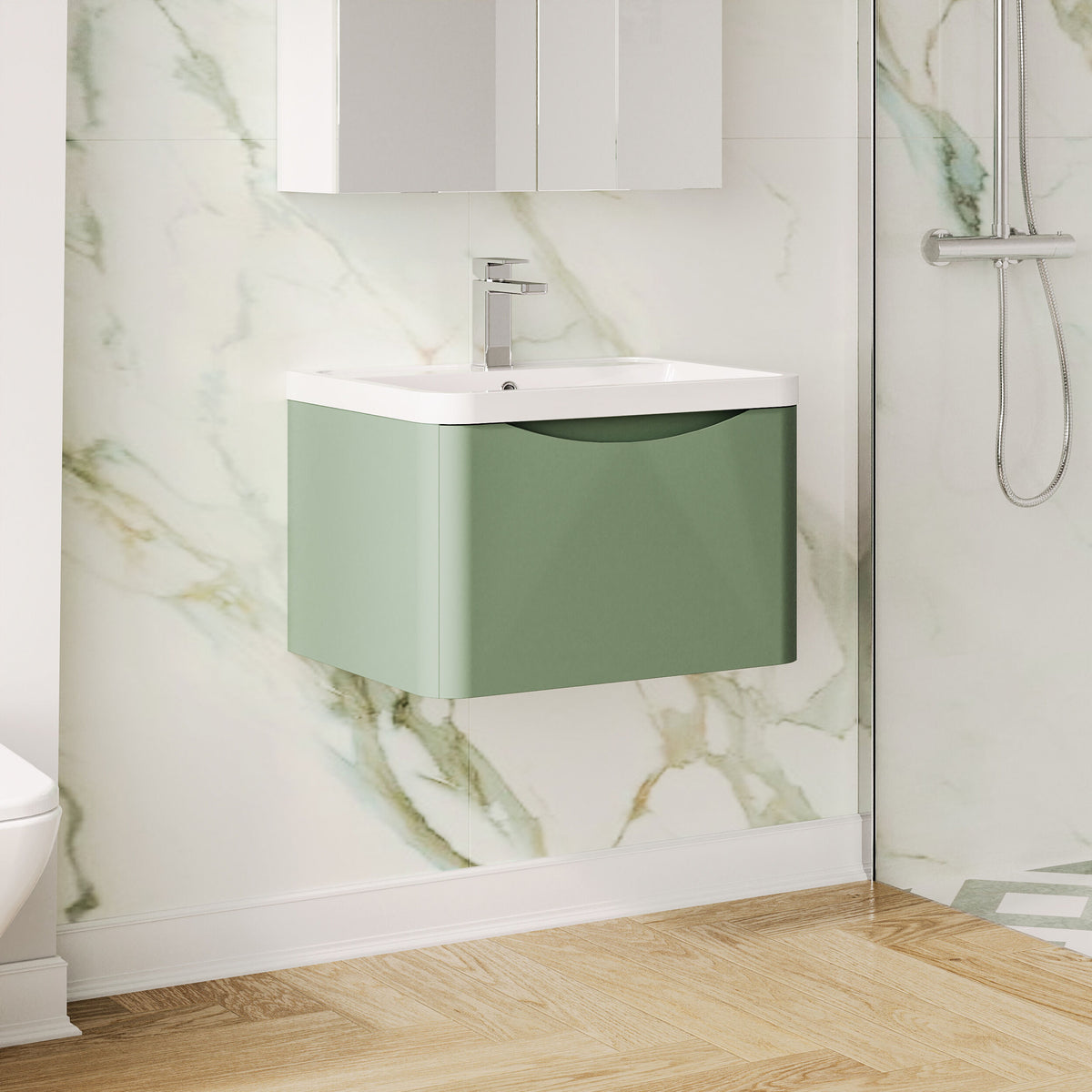 Modern Splash 600mm Satin Green 1 Drawer Wall Hung Vanity Unit With Polymarble Basin