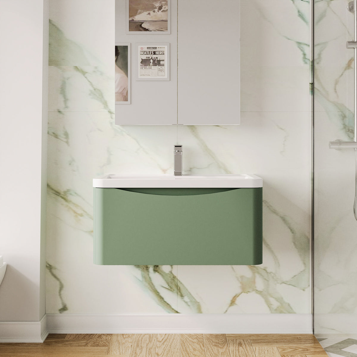 Modern Splash 800mm Satin Green 1 Drawer Wall Hung Vanity Unit With Basin