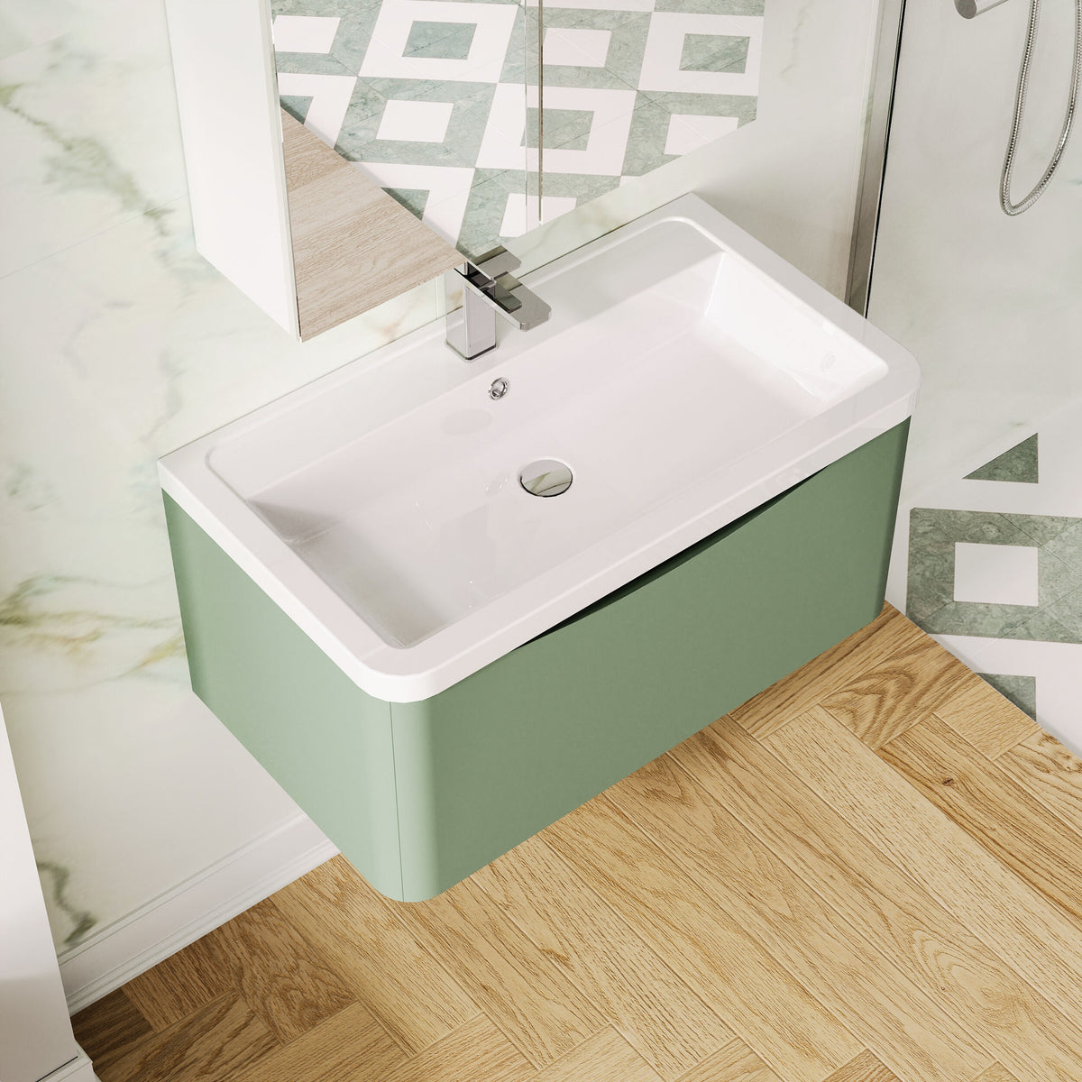 Modern Splash 800mm Satin Green 1 Drawer Wall Hung Vanity Unit With Basin