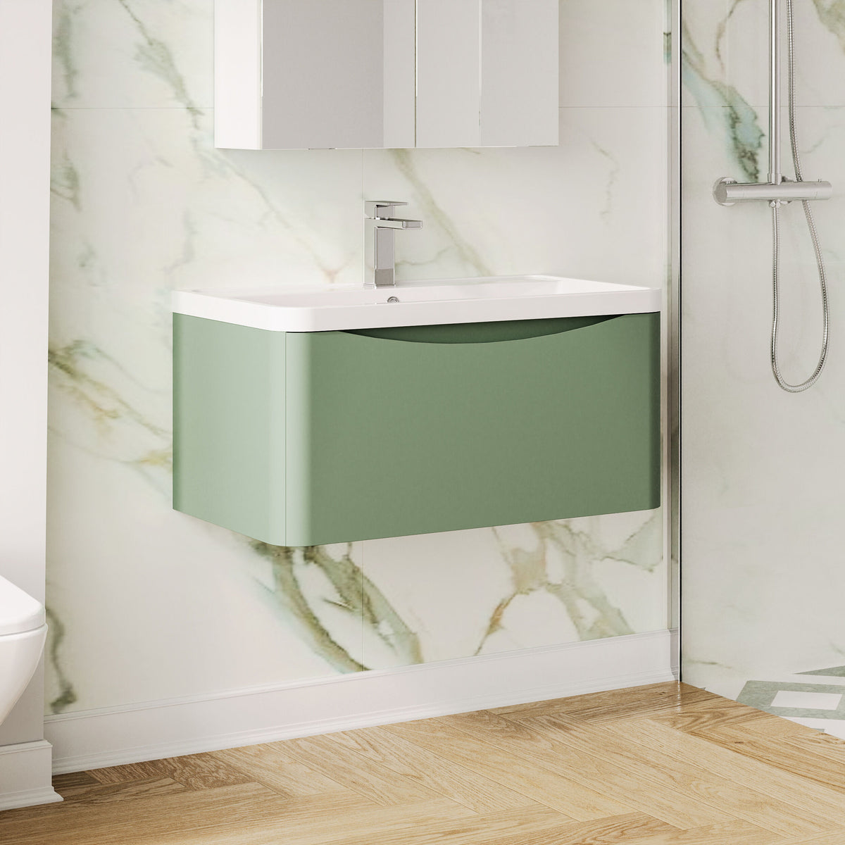 Modern Splash 800mm Satin Green 1 Drawer Wall Hung Vanity Unit With Polymarble Basin