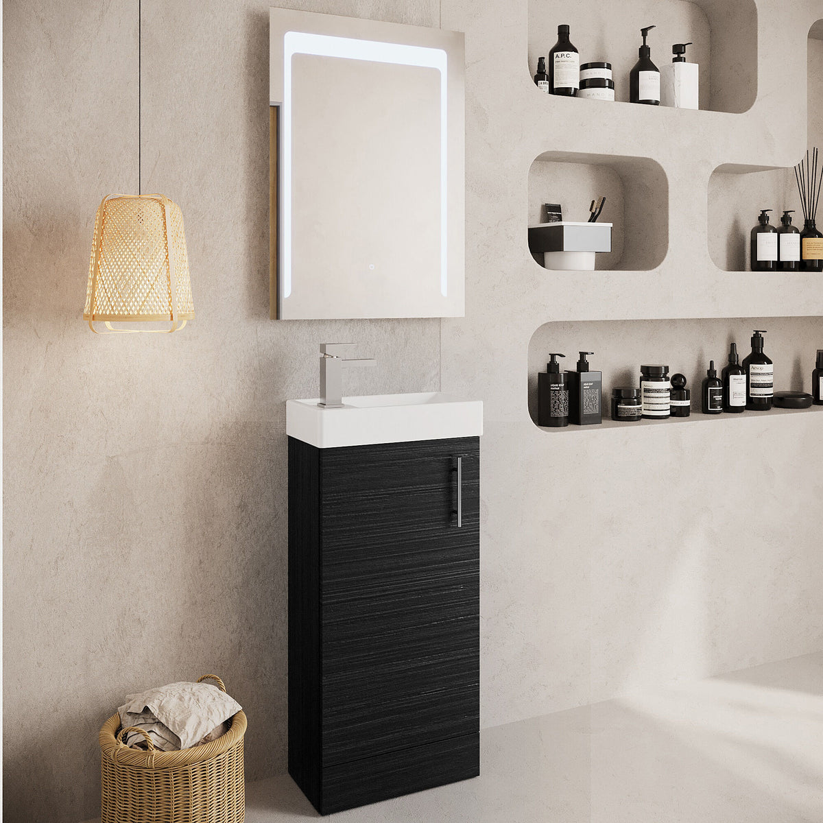 Modern Splash 400mm Charcoal Black Floor Standing 1 Door Compact Vanity Unit With 1 Tap Hole Basin