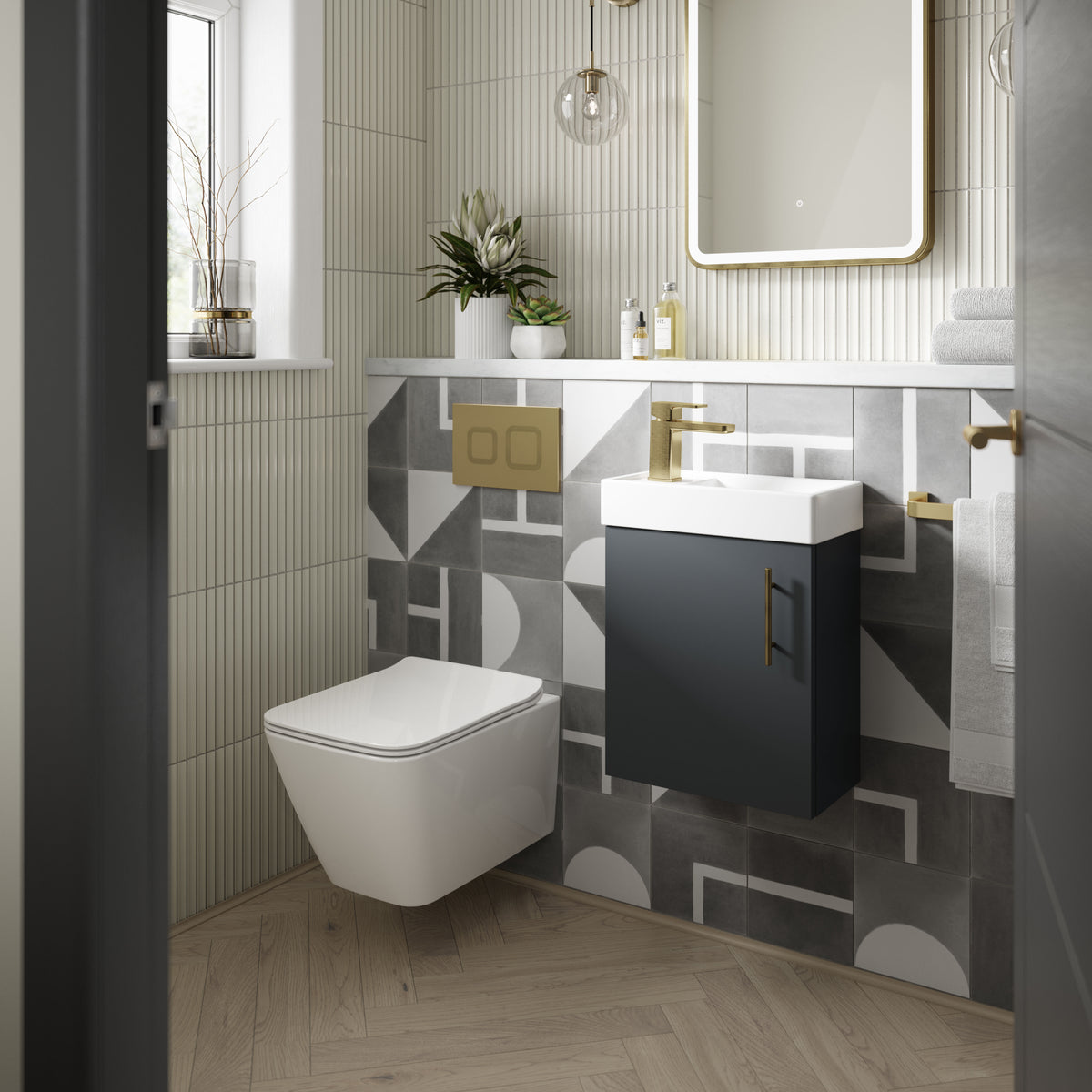 Modern Splash 400mm Soft Black Wall Hung 1 Door Compact Vanity Unit With 1 Tap Hole Basin