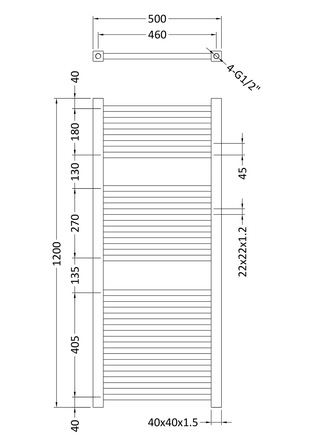 Modern Splash Chrome 1200mm x 500mm Vertical Square Ladder Rail