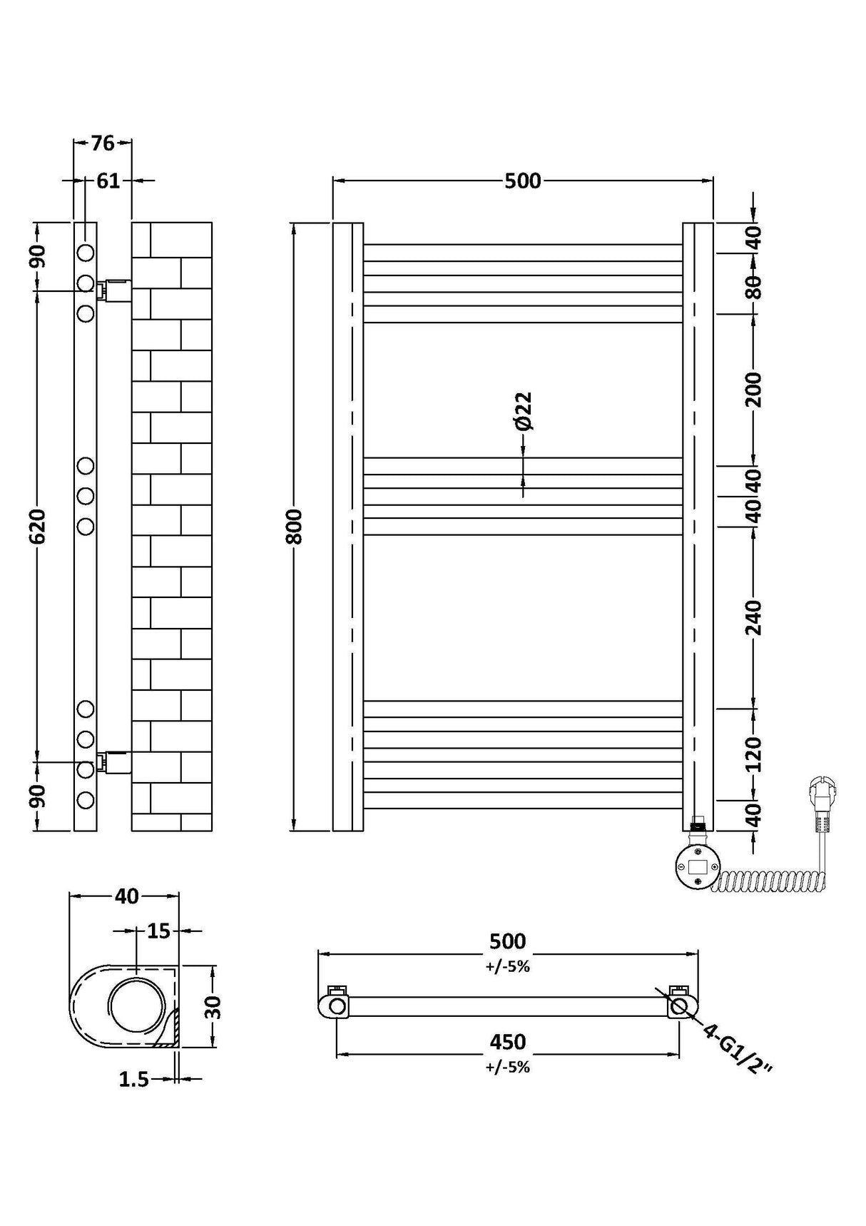 Chrome 800mm x 500mm Vertical Electric Heated Towel Rail