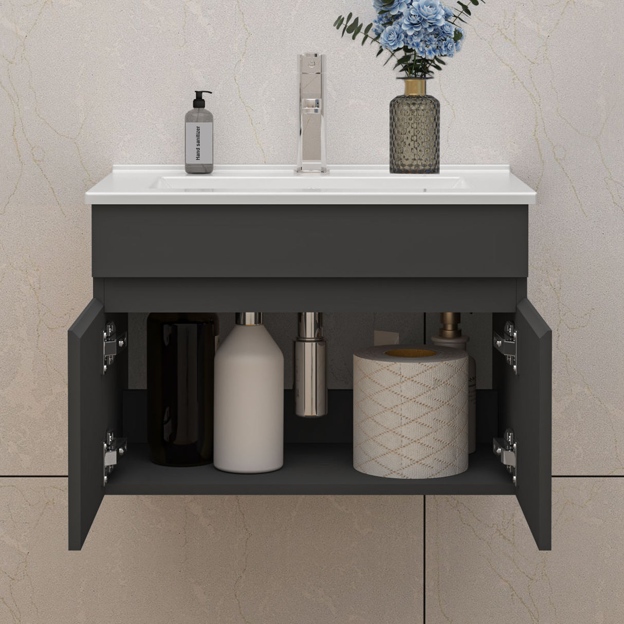 Modern Splash Mat Anthracite Wall-Mounted Bathroom Vanity Unit With Thin Ceramic Basin And Double Doors  590*385*400mm