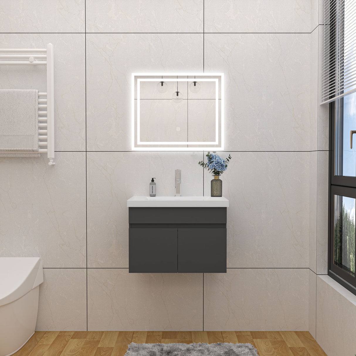 Modern Splash Mat Anthracite Wall-Mounted Bathroom Vanity Unit With Thick Ceramic Basin Double Doors  590*385*400mm