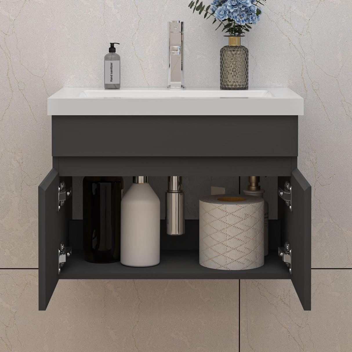 Modern Splash Mat Anthracite Wall-Mounted Bathroom Vanity Unit With Basin Double Doors  590*385*400mm