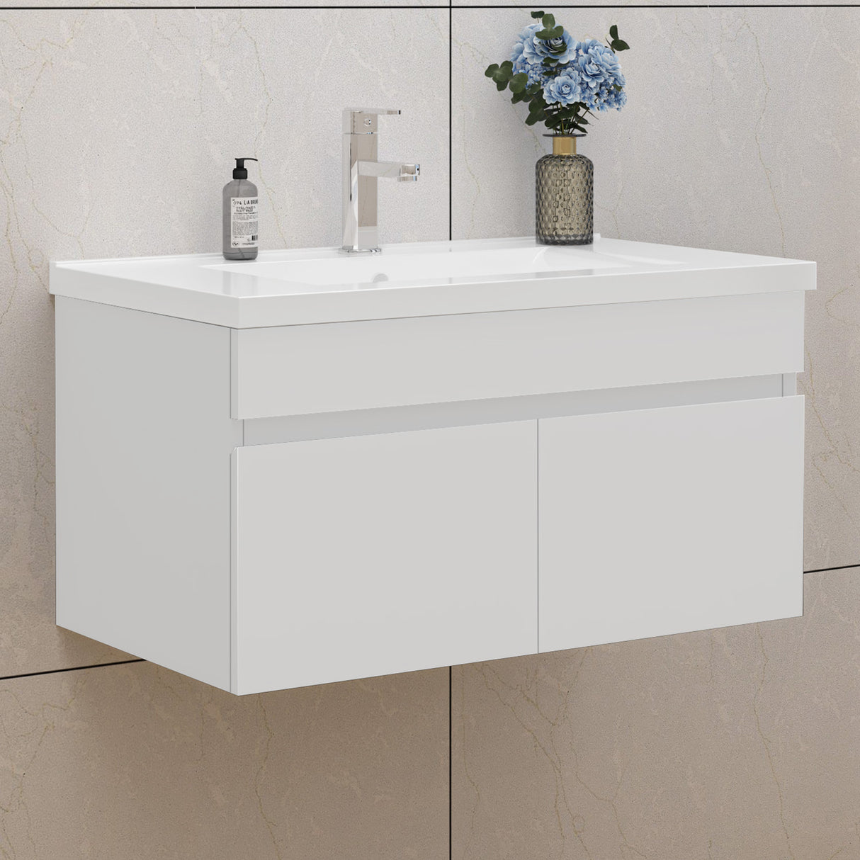 Modern Splash Mat White Wall-Mounted Bathroom Vanity Unit With Thick Ceramic Basin Double Doors  790*450*400mm