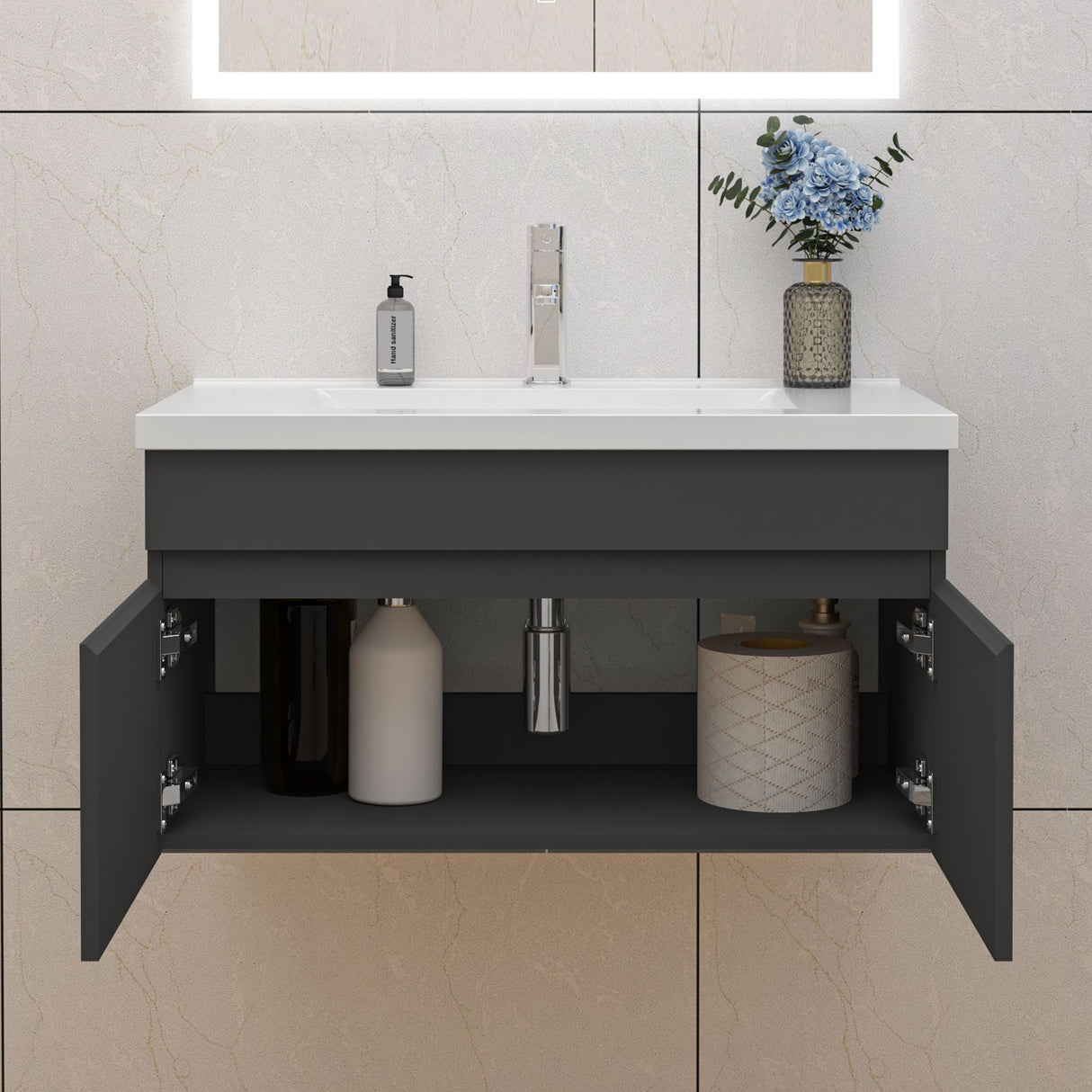 Modern Splash Mat Anthracite Wall-Mounted Bathroom Vanity Unit With Thick Ceramic Basin Double Doors  790*450*400mm