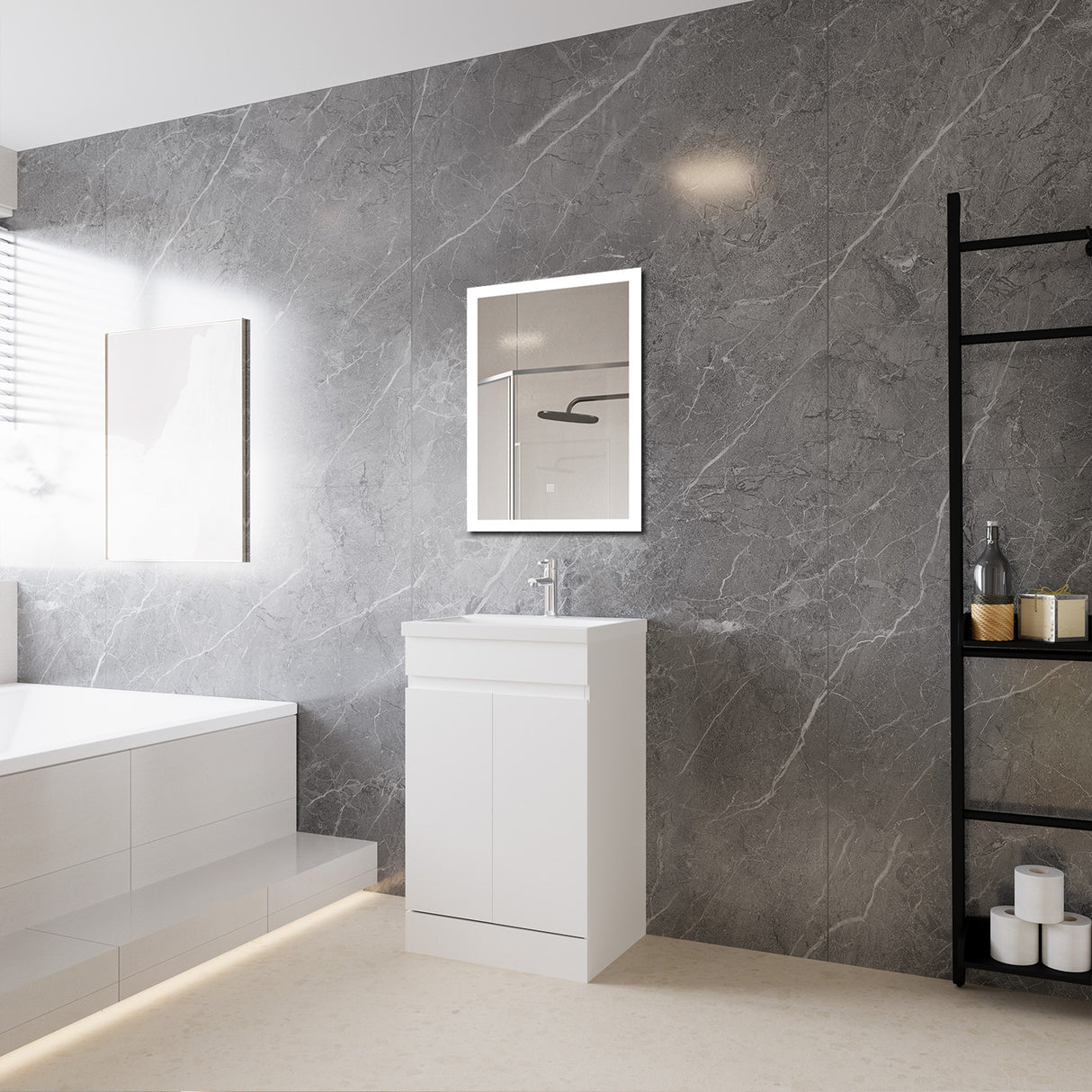 Modern Splash Mat White Free Standing Bathroom Vanity Unit With Thick Ceramic Basin And Double Door 500*385*800mm