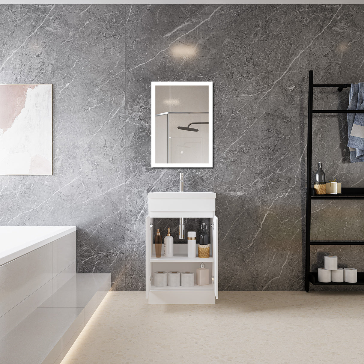 Modern Splash Mat White Free Standing Bathroom Vanity Unit With Thick Ceramic Basin And Double Door 500*385*800mm