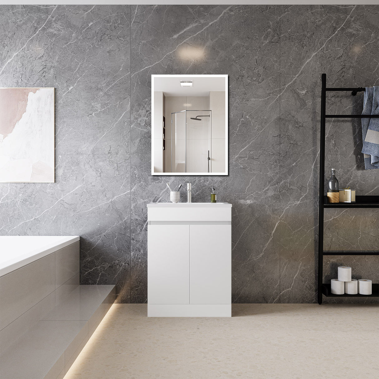 Modern Splash Mat White Free Standing Bathroom Vanity Unit With Thin Ceramic Basin And  Double Door 600*390*800mm