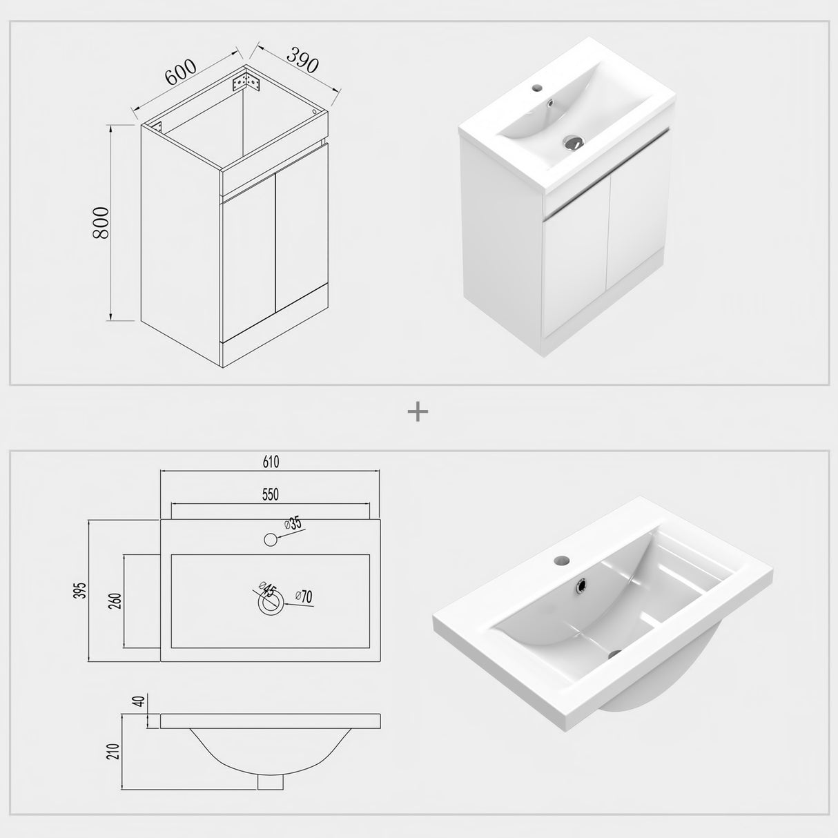 Modern Splash Mat White Free Standing Bathroom Vanity Unit With Thick Ceramic Basin And Double Door 600*390*800mm
