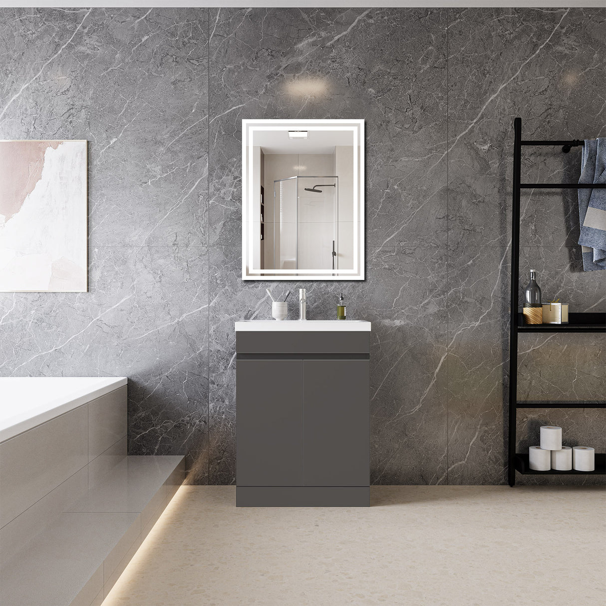 Modern Splash Anthracite Free Standing Bathroom Vanity Unit With Thick Ceramic Basin And Double Door 600*390*800mm