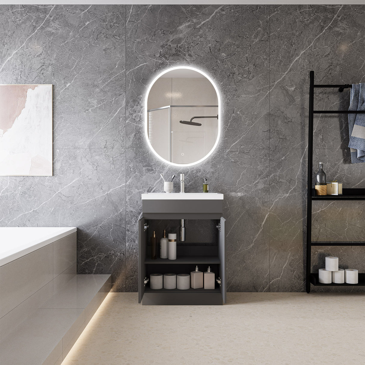 Modern Splash Mat Anthracite Free Standing Bathroom Vanity Unit With Basin Double Door  600*390*800mm