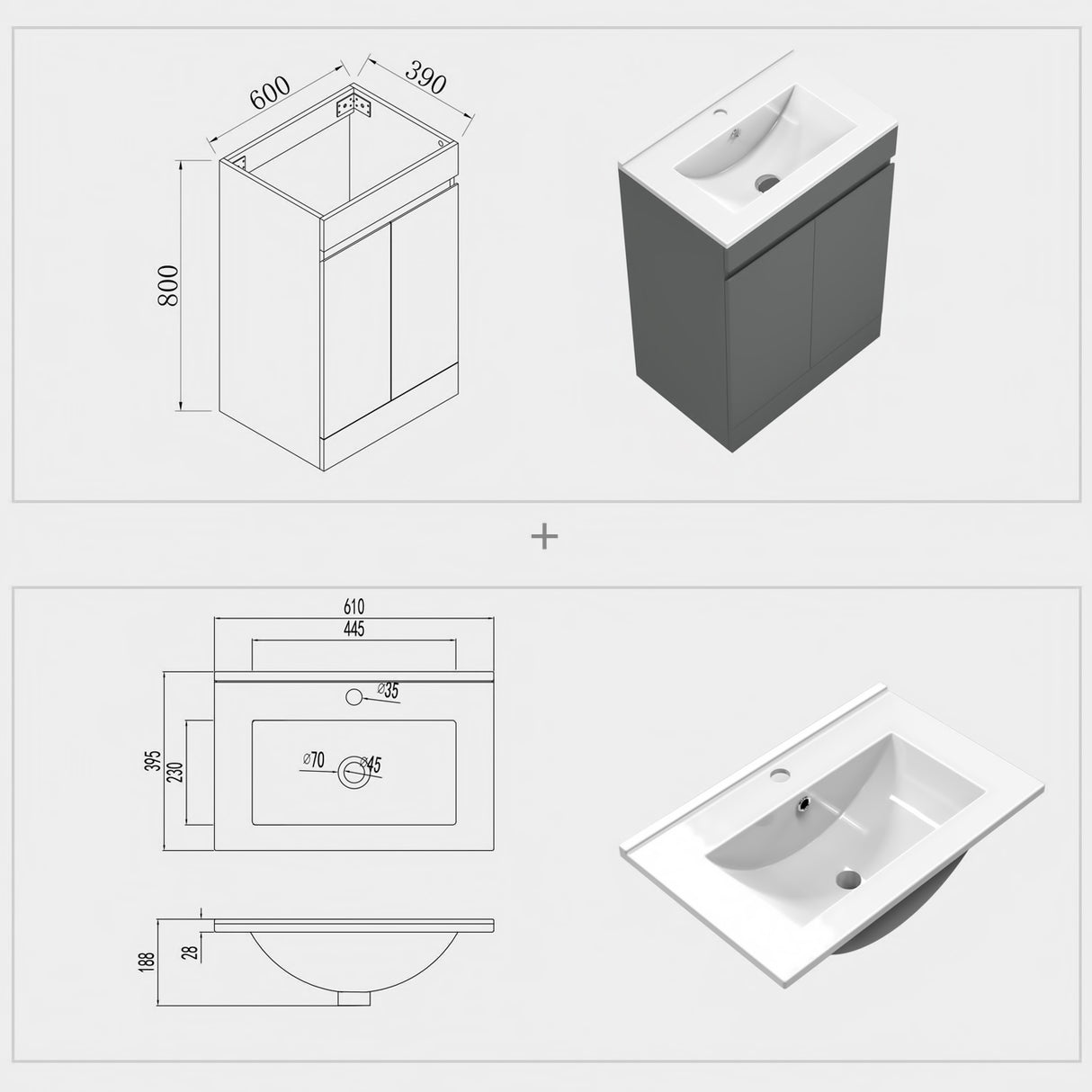 Modern Splash Mat Anthracite Free Standing Bathroom Vanity Unit With Thin Ceramic Basin And  Double Door 600*390*800mm