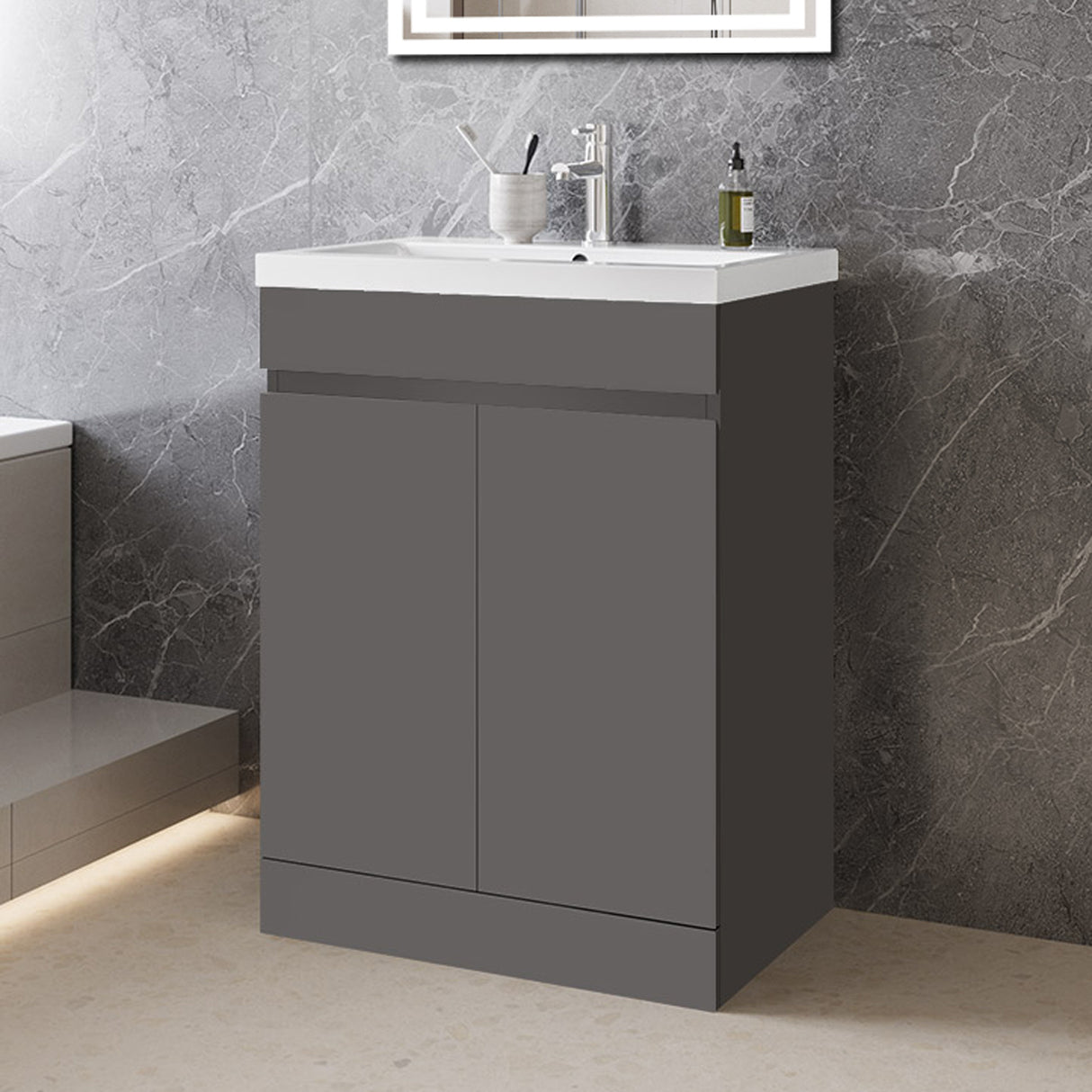 Modern Splash Anthracite Free Standing Bathroom Vanity Unit With Thick Ceramic Basin And Double Door 600*390*800mm