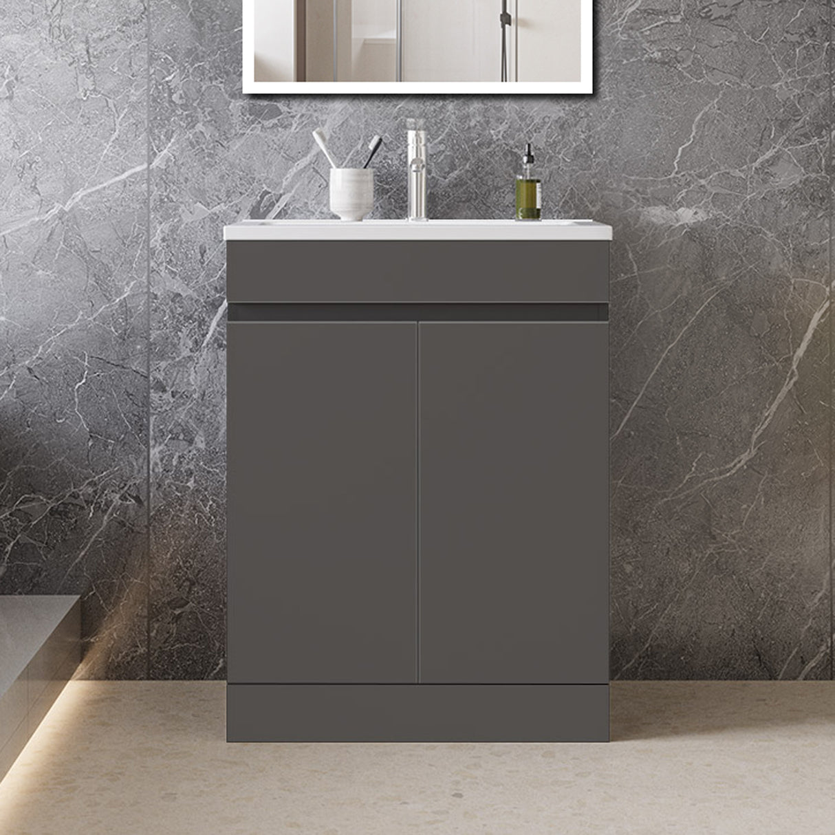 Modern Splash Mat Anthracite Free Standing Bathroom Vanity Unit With Thin Ceramic Basin And  Double Door 600*390*800mm