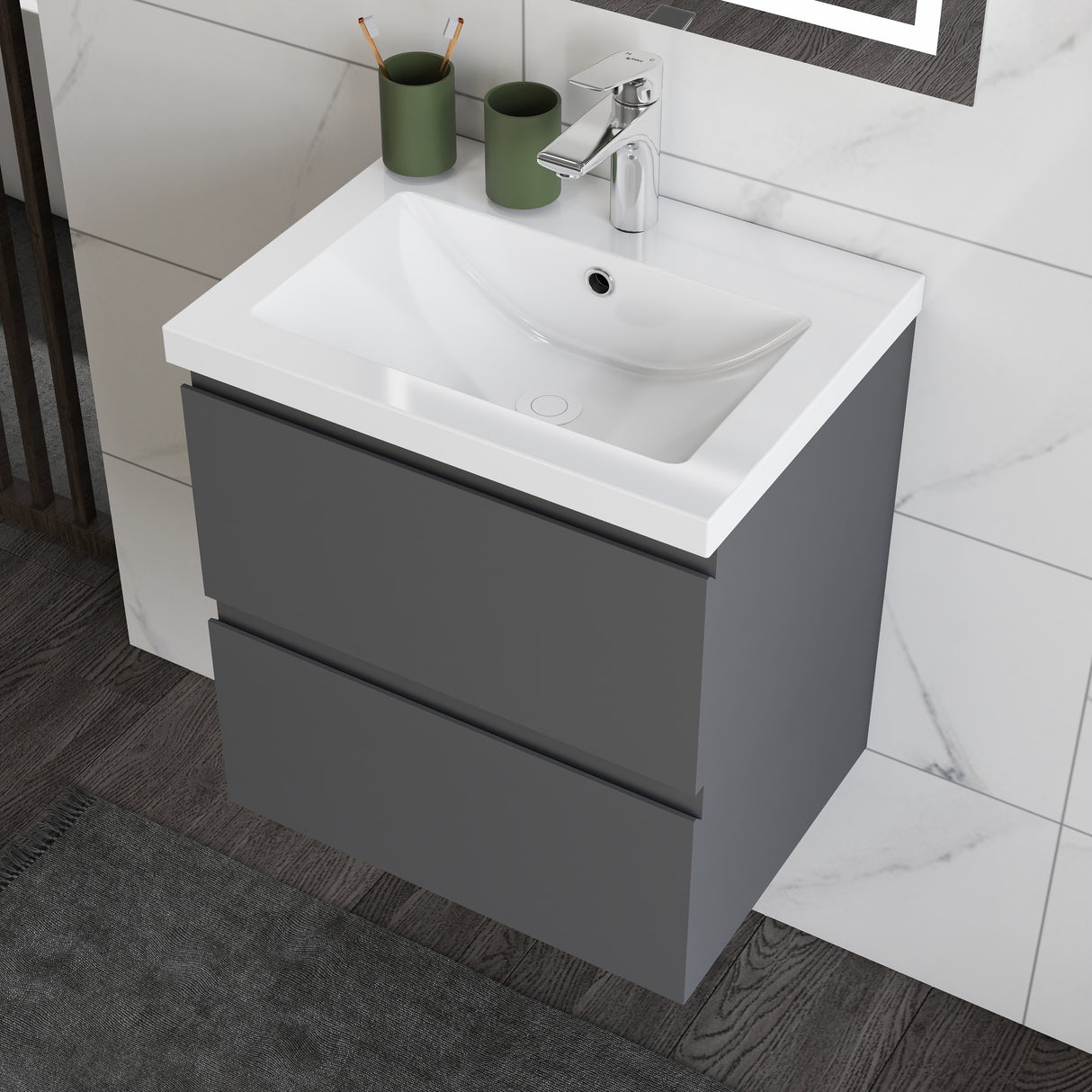 Modern Splash Wall Mounted Bathroom Vanity Unit With Thick Ceramic Basin And 2 Soft Close Drawers GreMD 500*385*520mm