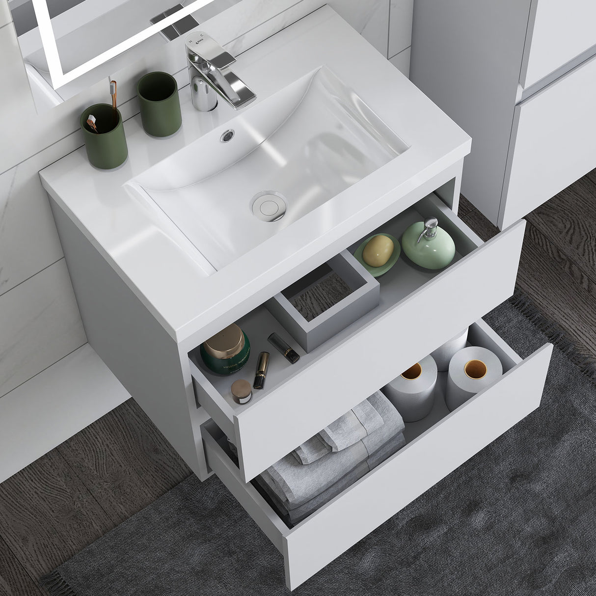 Modern Splash Wall Mounted Bathroom Vanity Unit With Artificial Stone Basin And 2 Soft Close Drawers White 600*385*520mm