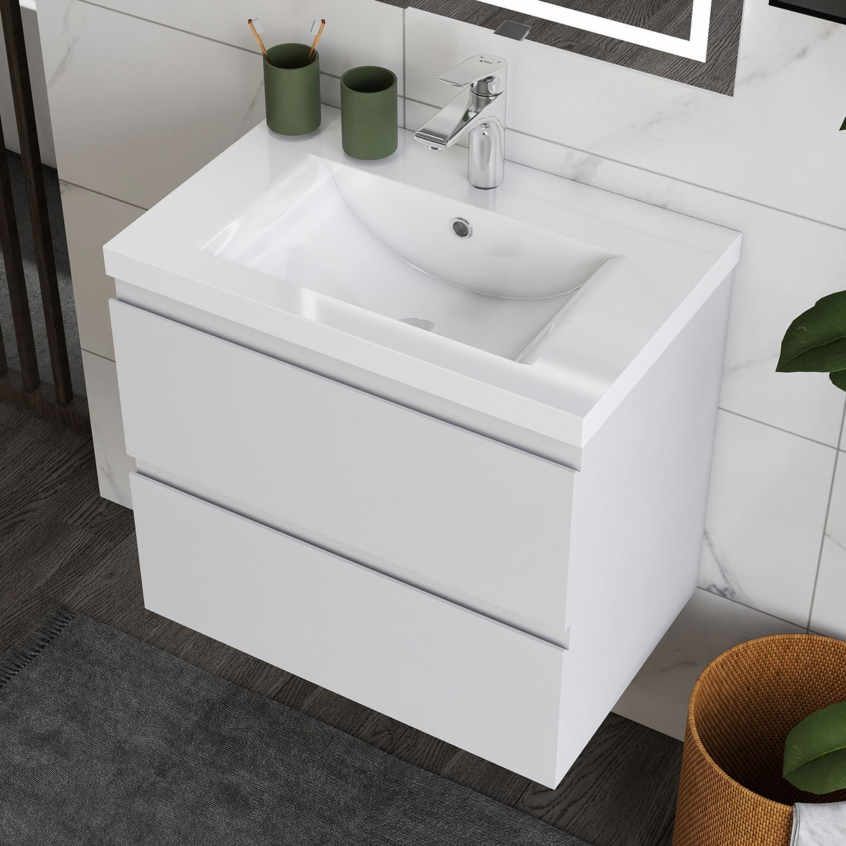 Modern Splash Wall Mounted Bathroom Vanity Unit With Thick Ceramic Basin And 2 Soft Close Drawers White 600*385*520mm
