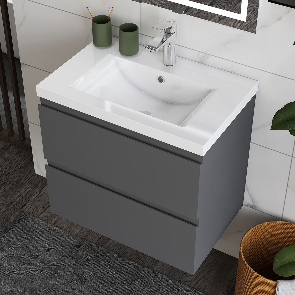 Modern Splash Wall Mounted Bathroom Vanity Unit With Artificial Stone Basin And 2 Soft Close Drawers Anthracite 600*385*520mm