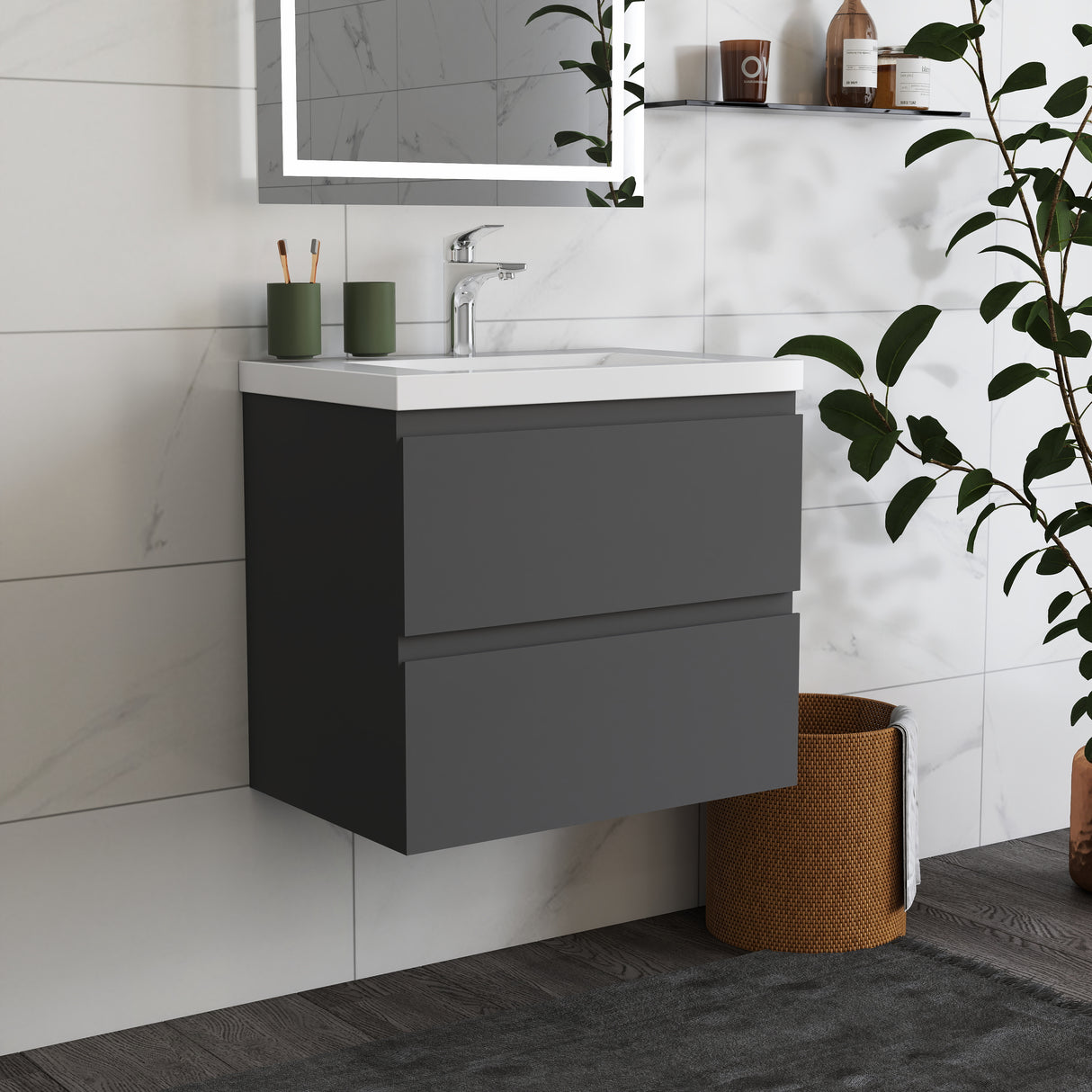 Modern Splash Wall Mounted Bathroom Vanity Unit With Artificial Stone Basin And 2 Soft Close Drawers Anthracite 600*385*520mm