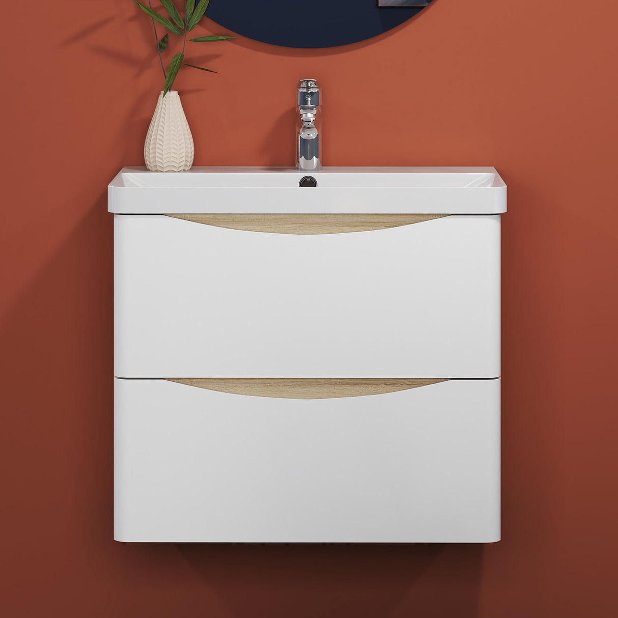 Modern Splash Wall Mounted Bathroom Vanity Unit With Artificial Stone Basin And 2 Soft Close Drawers White Oak 590*345*500mm