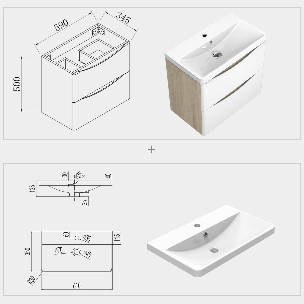 Modern Splash Wall Mounted Bathroom Vanity Unit With Artificial Stone Basin And 2 Soft Close Drawers White Oak 590*345*500mm