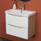 Modern Splash Wall Mounted Bathroom Vanity Unit With Artificial Stone Basin And 2 Soft Close Drawers White Oak 590*345*500mm