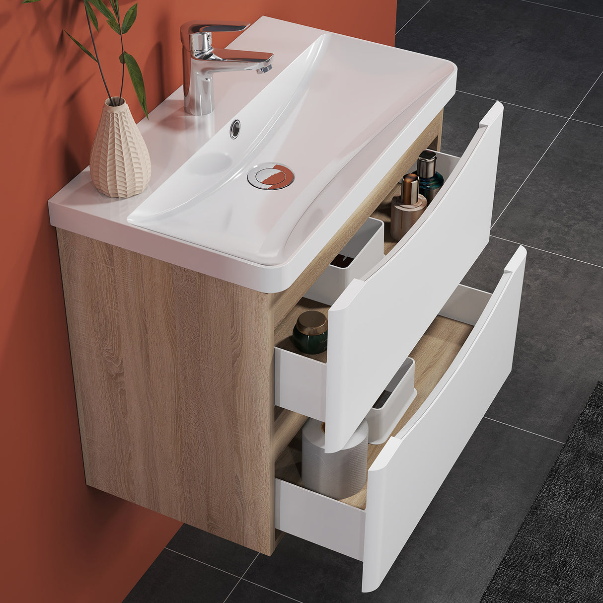Modern Splash Wall Mounted Bathroom Vanity Unit With Artificial Stone Basin And 2 Soft Close Drawers White Oak 590*345*500mm