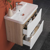 Modern Splash Wall Mounted Bathroom Vanity Unit With Artificial Stone Basin And 2 Soft Close Drawers White Oak 590*345*500mm