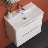 Modern Splash Wall Mounted Bathroom Vanity Unit With Artificial Stone Basin And 2 Soft Close Drawers White Oak 590*345*500mm