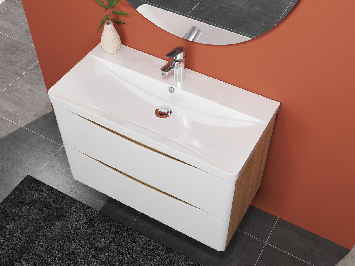Modern Splash Wall Mounted Bathroom Vanity Unit With Artificial Stone Basin And 2 Soft Close Drawers White Oak 800*395*500mm