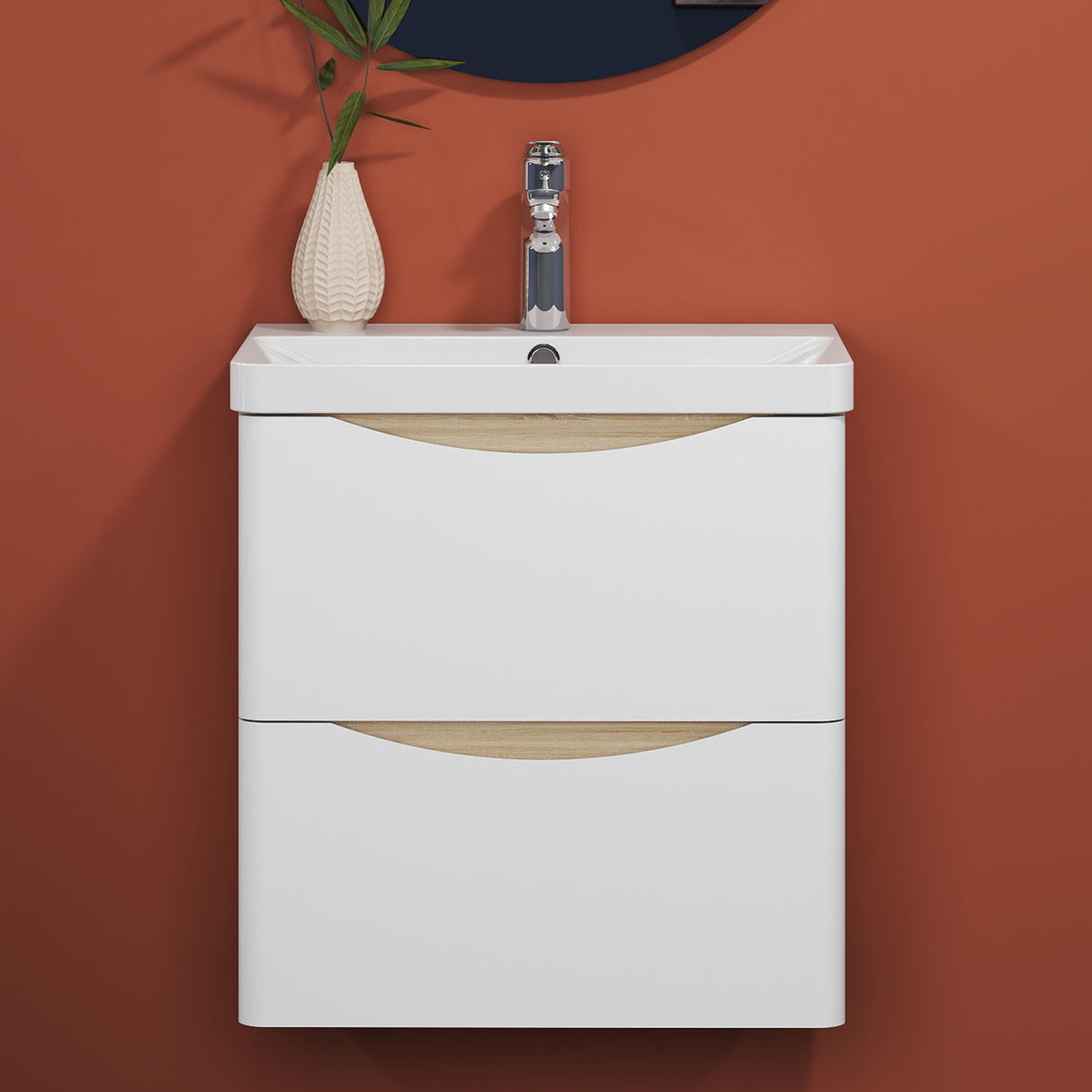 Modern Splash Wall Mounted Bathroom Vanity Unit With Artificial Stone Basin And 2 Soft Close Drawers White Oak 495*345*500mm
