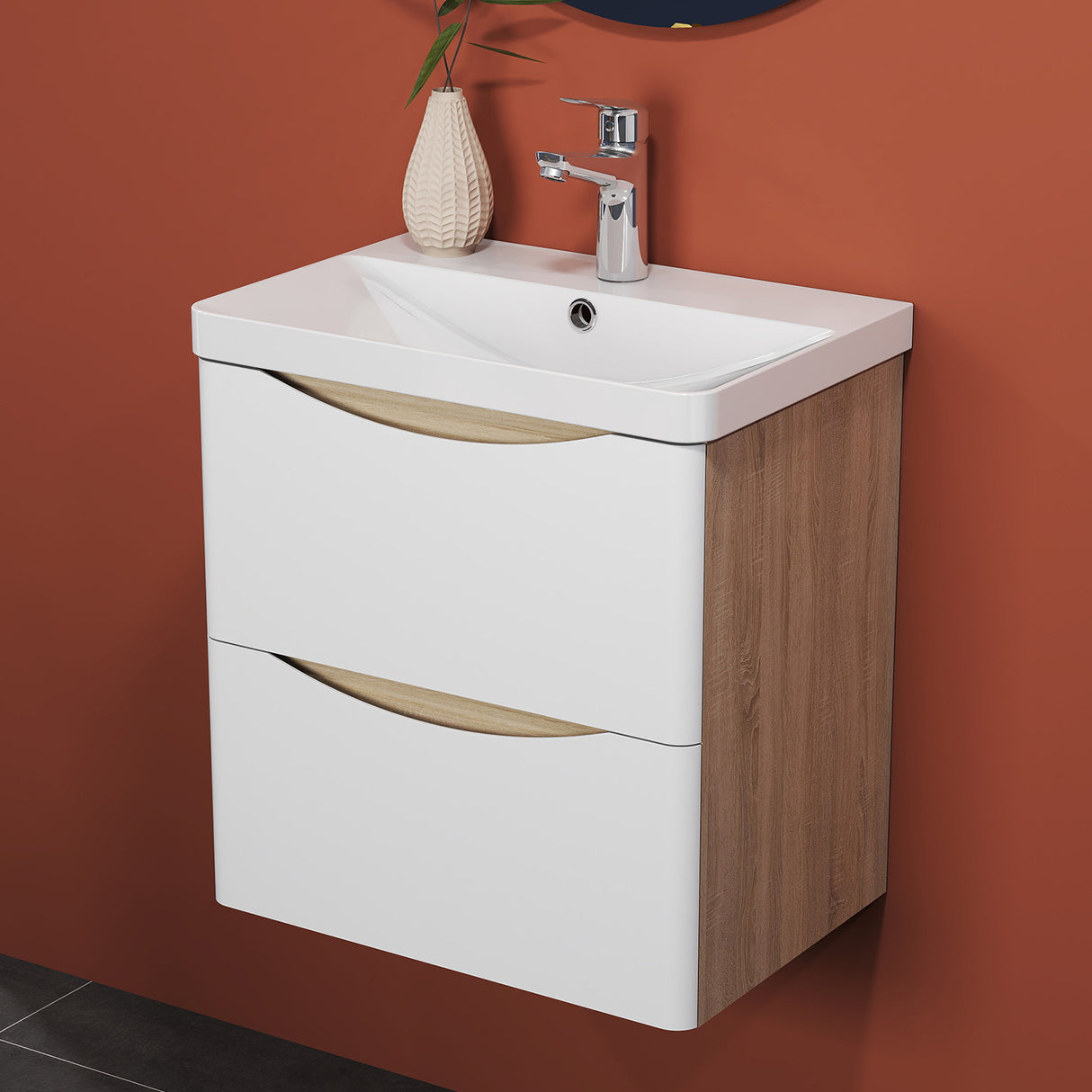 Modern Splash Wall Mounted Bathroom Vanity Unit With Artificial Stone Basin And 2 Soft Close Drawers White Oak 495*345*500mm