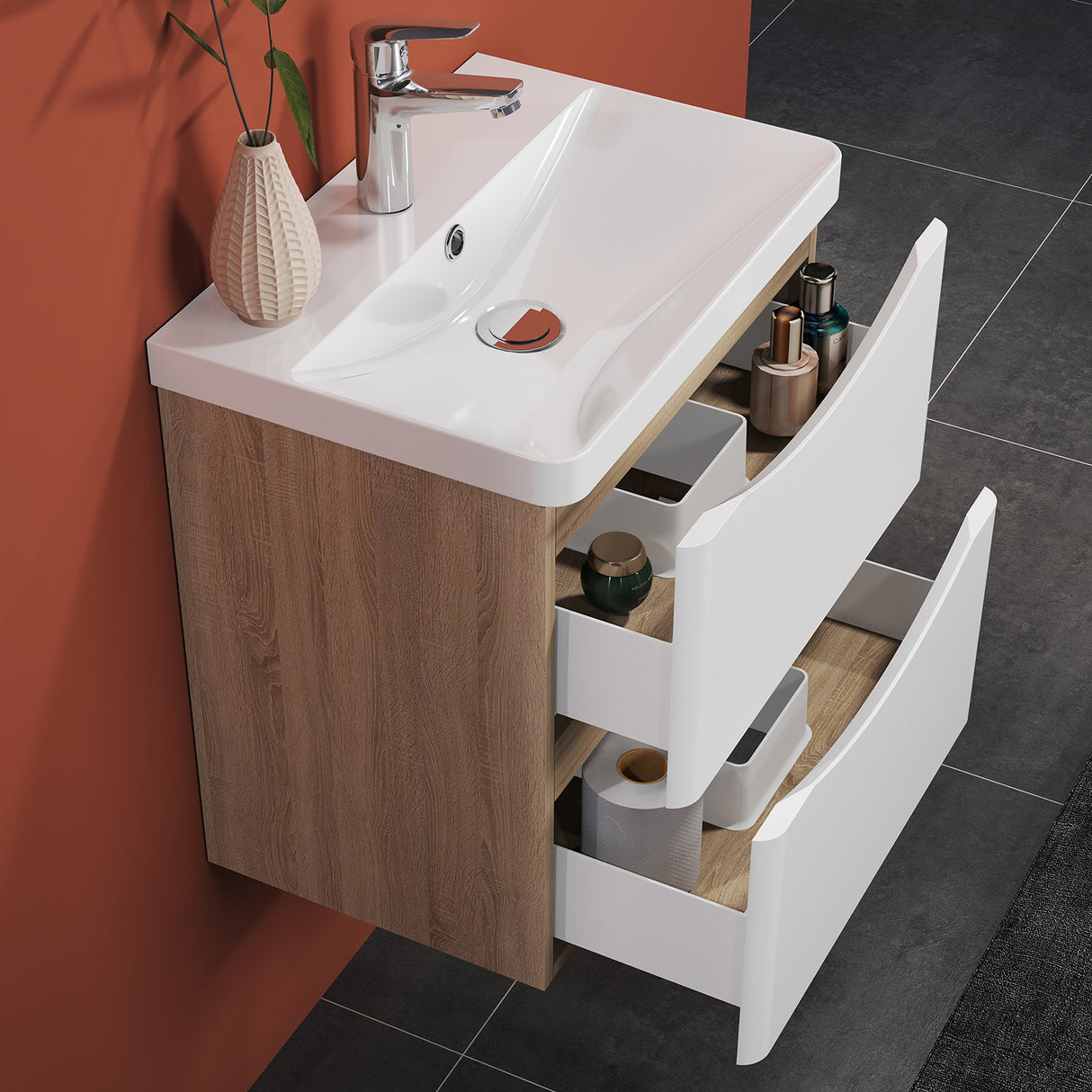 Modern Splash Wall Mounted Bathroom Vanity Unit With Artificial Stone Basin And 2 Soft Close Drawers White Oak 495*345*500mm