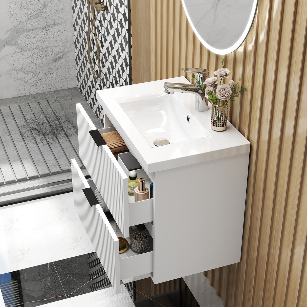 Modern Splash Wall Mounted White Bathroom Vanity Unit With Thick Ceramic Basin And 2 Soft Close Drawers  600*385*520mm