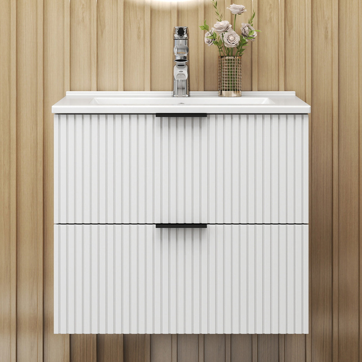 Modern Splash Wall Mounted White Bathroom Vanity Unit With Thin Ceramic Basin And 2 Soft Close Drawers  600*385*520mm