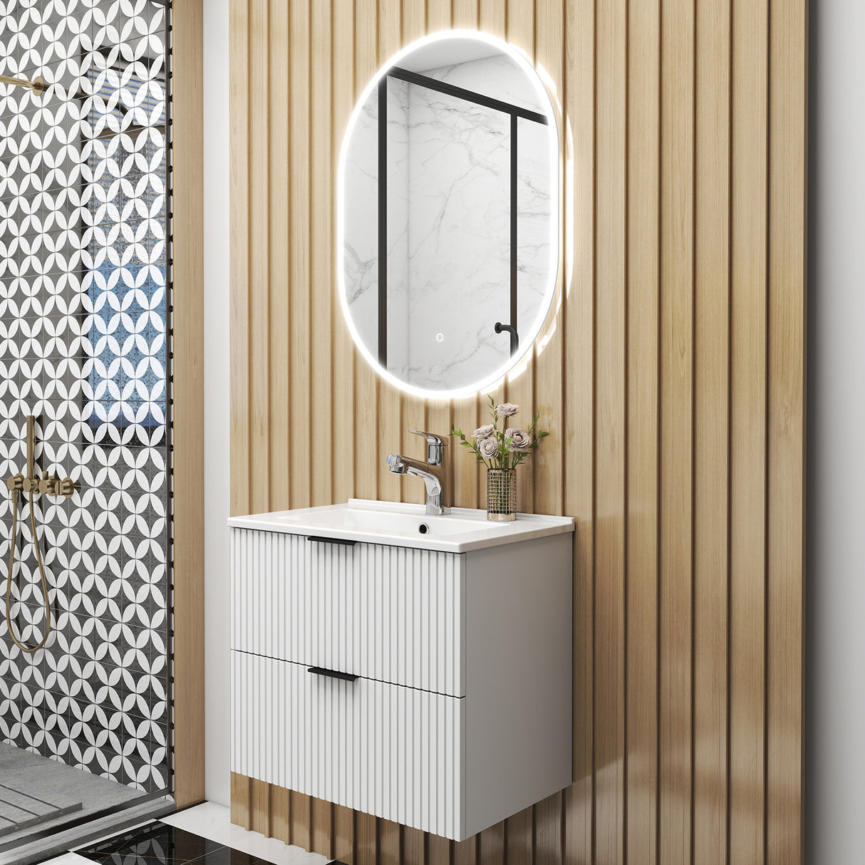 Modern Splash Wall Mounted White Bathroom Vanity Unit With Thin Ceramic Basin And 2 Soft Close Drawers  600*385*520mm