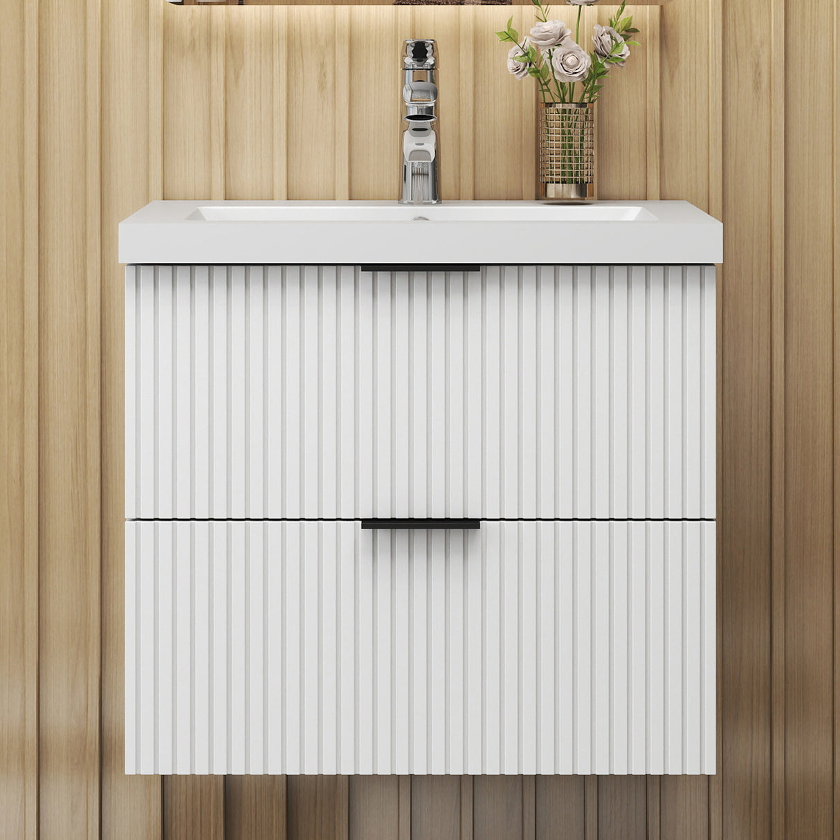 Modern Splash Wall Mounted White Bathroom Vanity Unit With Artificial Stone Basin And 2 Soft Close Drawers  600*385*520mm